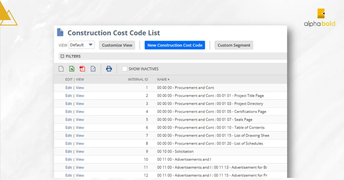 Construction cost code list